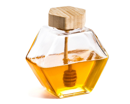 Hexagon honey jar with wooden dipper